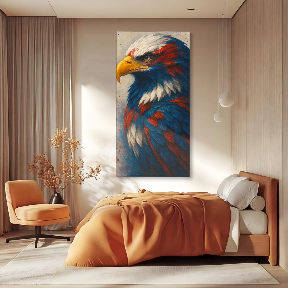 Tablou canvas cu tablou canvas cu vultur american pictat, fara rama, pe sasiu de lemn, pe perete intr-un dormitor